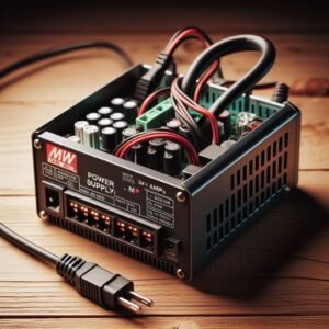 Transformador de potência industrial com componentes eletrônicos e cabos, ideal para sistemas de automação e controle de energia.