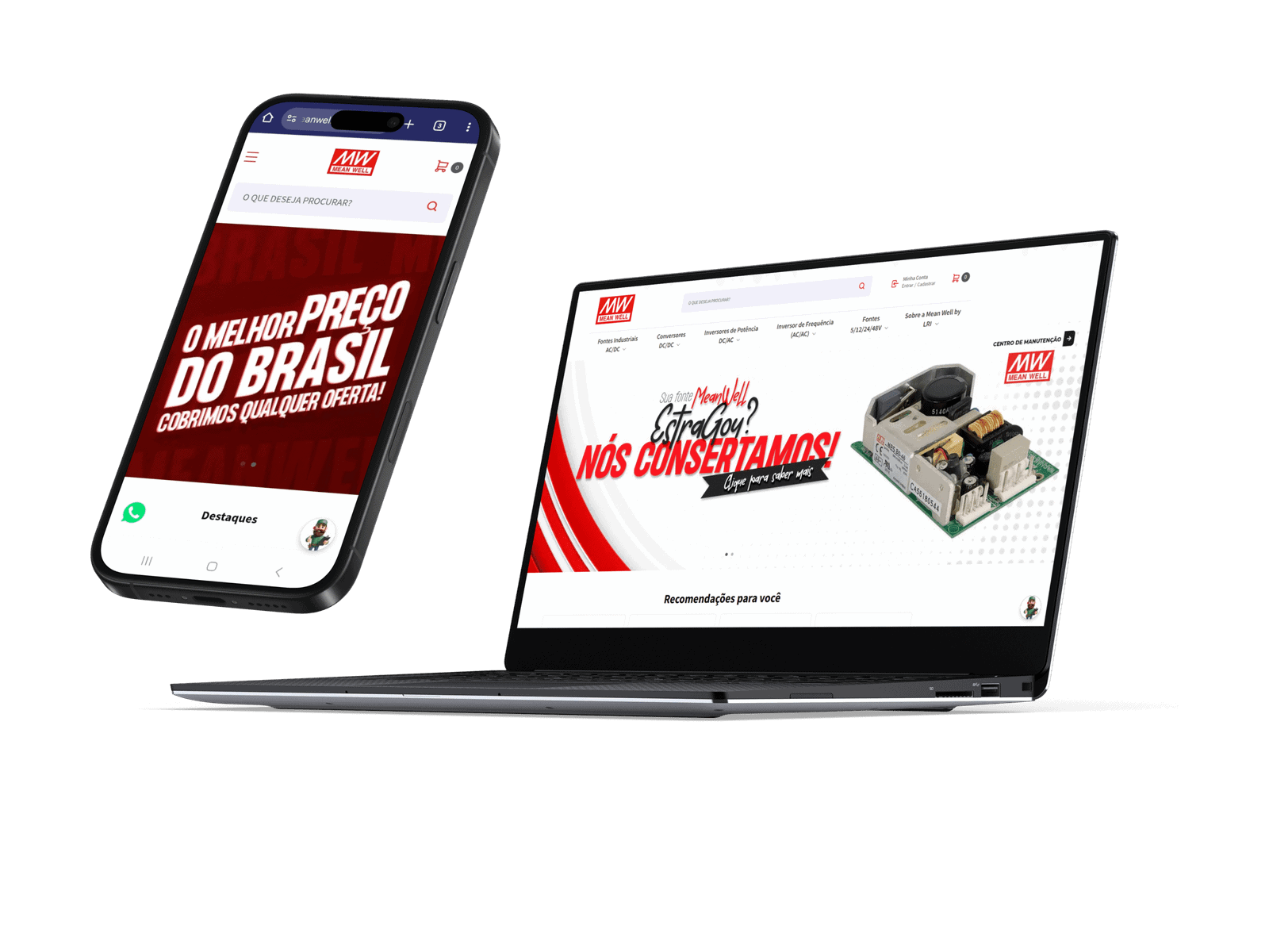 Conjunto de eletrônicos, incluindo um smartphone exibindo o site de Mean Well Brasil e um laptop mostrando a loja online, destacando soluções em fontes de alimentação e componentes eletrônicos de alta qualidade.