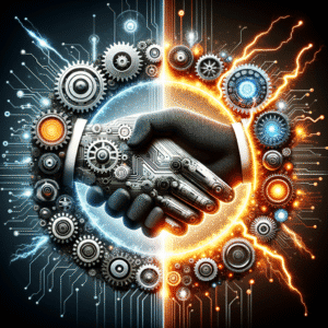 Conexão entre tecnologia e inovação com engrenagens e circuitos em um contexto de energia e automação industrial.