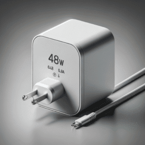 Carregador de parede com capacidade de 48W, compatível com dispositivos móveis, com tecnologia de carregamento eficiente e design compacto.