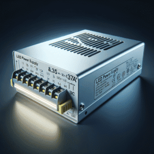 Conjunto de fonte de alimentação LED com entrada AC, design eletrônico industrial, alta eficiência, compatível com sistemas de iluminação LED e automação industrial.