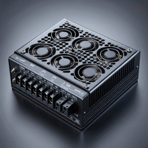 Capa de fonte de alimentação industrial com ventiladores e conexões elétricas, destacando componentes de alta qualidade e eficiência para aplicações de automação industrial e sistemas eletrônicos.