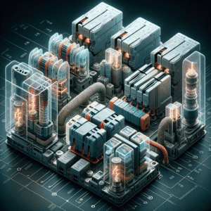Circuito eletrônico com componentes tecnológicos de alta precisão, destaque para relés, capacitores e conectores, com efeito futurista e iluminação destacada, ideal para promover a inovação em soluções de energia.