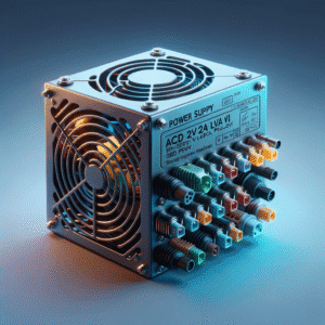 Fonte de alimentação AC/DC para automação industrial, equipada com múltiplas conexões de saída e proteção térmica, ideal para projetos de engenharia elétrica e automação residencial.