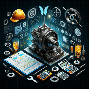 Motor elétrico técnico com componentes digitais, ferramentas e gráficos, simulando inovação e tecnologia no setor de energia, essenciais para soluções de eficiência energética.