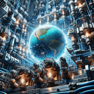 Plano de fundo de uma imagem com tecnologia avançada e circuito eletrônico envolvendo o planeta Terra, simbolizando inovação e energia sustentável em soluções de energia da Mean Well Brasil.