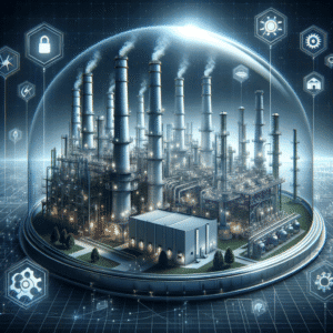 Sede de uma usina industrial com torres de vapor, representando soluções de energia e automação industrial da Mean Well Brasil.