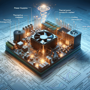 Componentes eletrônicos de fontes de energia para equipamentos tecnológicos, incluindo dissipadores de calor, capacitores e ventiladores, essenciais para a robustez e eficiência dos produtos Mean Well Brasil.